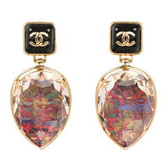 Chanel Tweed Drop Earrings Black Enamel Gold Tone Hardware