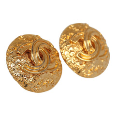 Vintage Chanel Round CC Coco Textured Clip on Earrings Gold Plated Hardware
