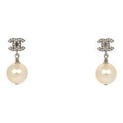 Chanel Small Crystal CC Pearl Drop Earrings White Faux Pearl, Silver Tone Hardware