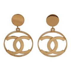 Vintage Chanel CC Round Logo Drop Clip On Earrings Gold Plated Hardware
