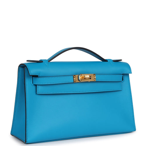Hermes Kelly Pochette Blue Frida Bleu Gold Hardware Clutch Cut Bag