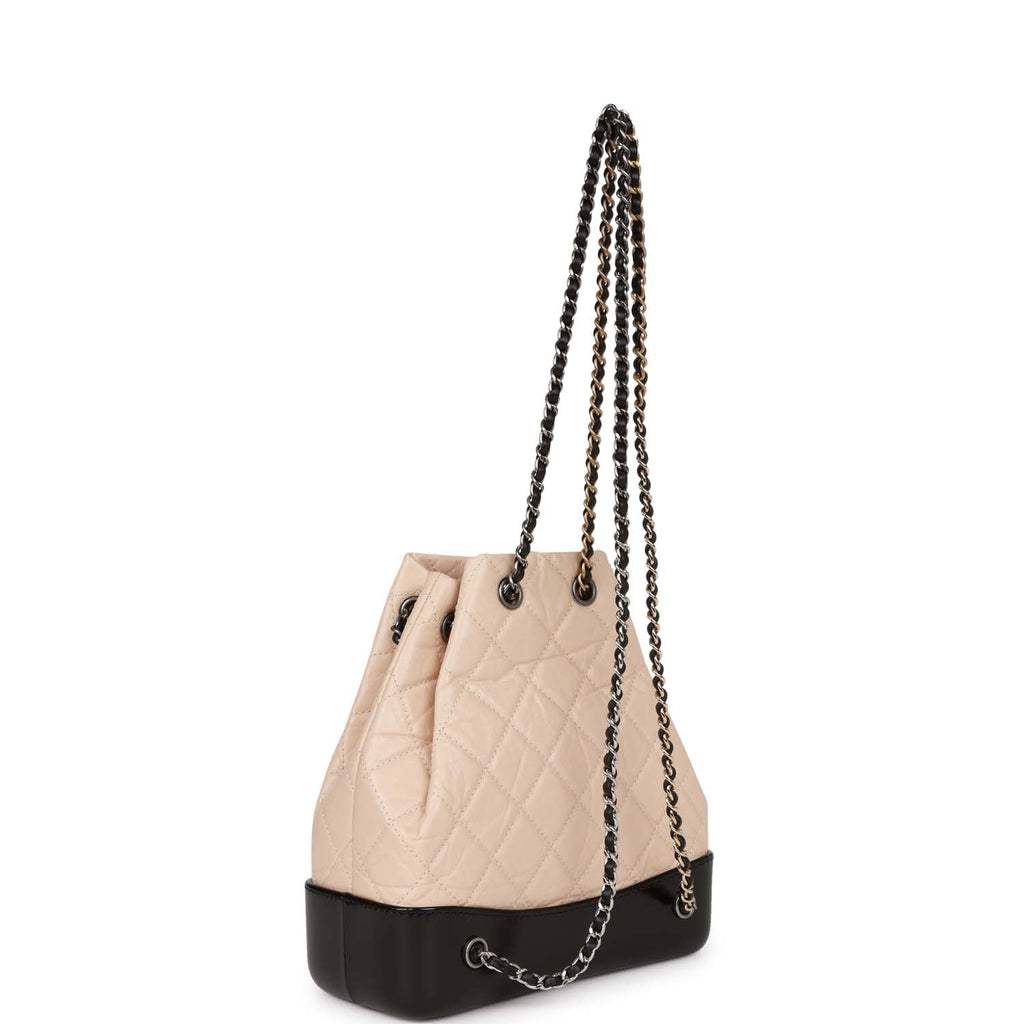 CHANEL Aged Calfskin Quilted Gabrielle Backpack Beige Black 196124