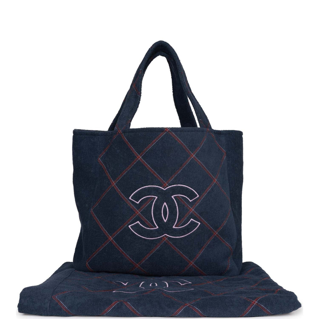 CHANEL CC TERRY CLOTH LARGE BEACH BAG TOTE WITH MATCHING TOWEL