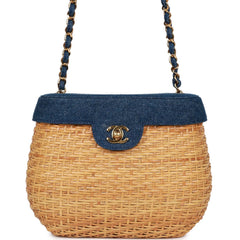 Vintage Chanel Basket Bag Denim and Rattan Wicker Gold Hardware
