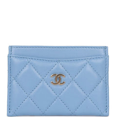 Chanel Flap Card Holder Wallet Blue Lambskin Light Gold Hardware