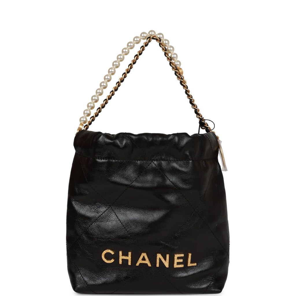 Chanel Black Quilted Calfskin Imitation Pearl Strap Mini 22 Hobo