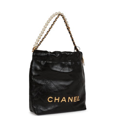 Chanel Mini 22 Bag Black Calfskin and Pearl Antique Gold Hardware