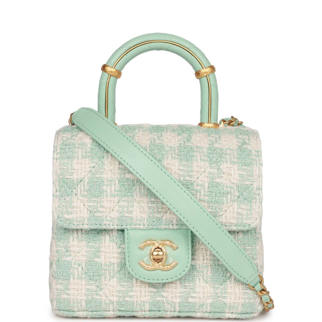 Chanel Mini Square Flap with Top Handle Turquoise and Ecru Tweed Antiq –  Madison Avenue Couture