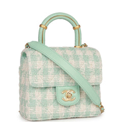 Chanel Mini Square Flap with Top Handle Turquoise and Ecru Tweed Antique Gold Hardware