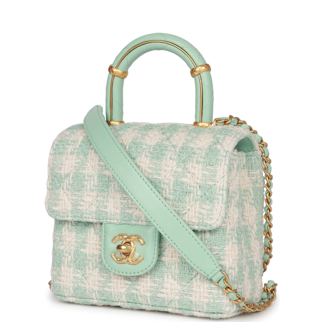 Chanel Mini Square Flap with Top Handle Turquoise and Ecru Tweed