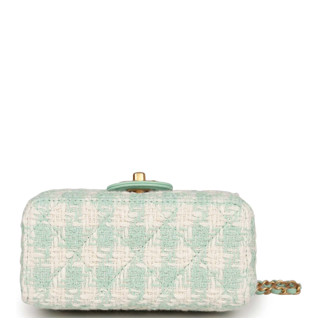Chanel Mini Square Flap with Top Handle Turquoise and Ecru Tweed Antiq –  Madison Avenue Couture