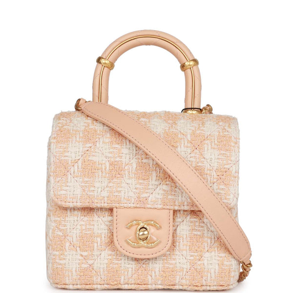 Mini flap bag, Tweed & silver-tone metal, pink & light beige — Fashion