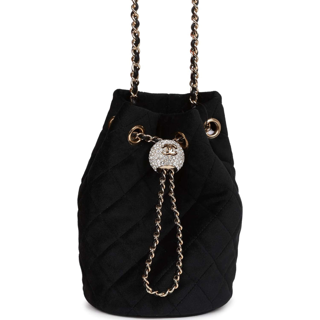 Chanel Crystal Pearl Crush Drawstring Bag Black Velvet Light Gold Hard –  Madison Avenue Couture