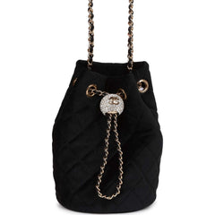 Chanel Crystal Pearl Crush Drawstring Bag Black Velvet Light Gold Hardware