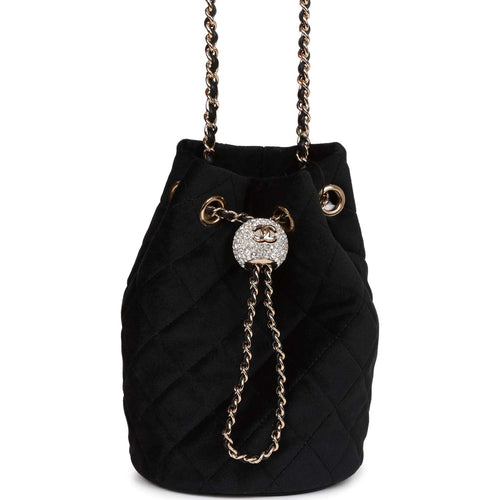 Chanel Crystal Pearl Crush Drawstring Bag Black Velvet Light Gold Hardware