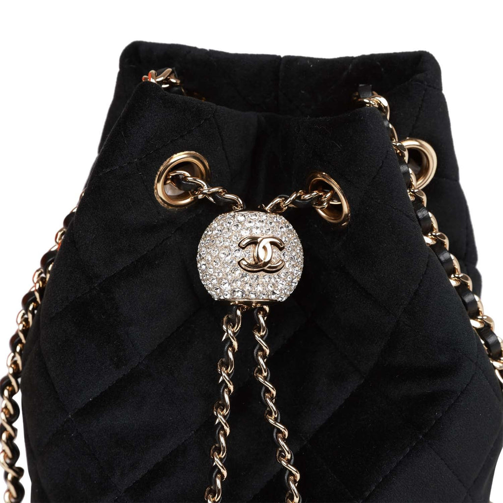Chanel Crystal Pearl Crush Drawstring Bag Black Velvet Light Gold