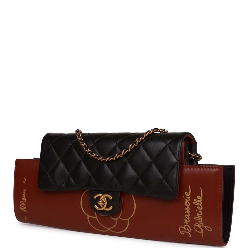 Pre-owned Chanel Classic Flap Gabrielle Brasserie Menu Clutch Burgundy and Black Lambskin Antique Gold Hardware