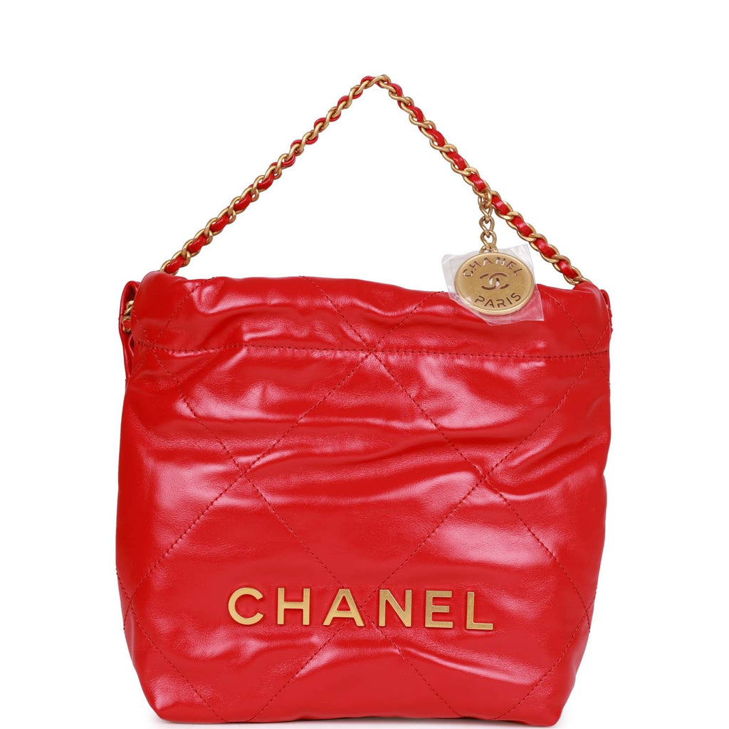 Hobo handbag, Shiny crumpled calfskin & gold-tone metal, red