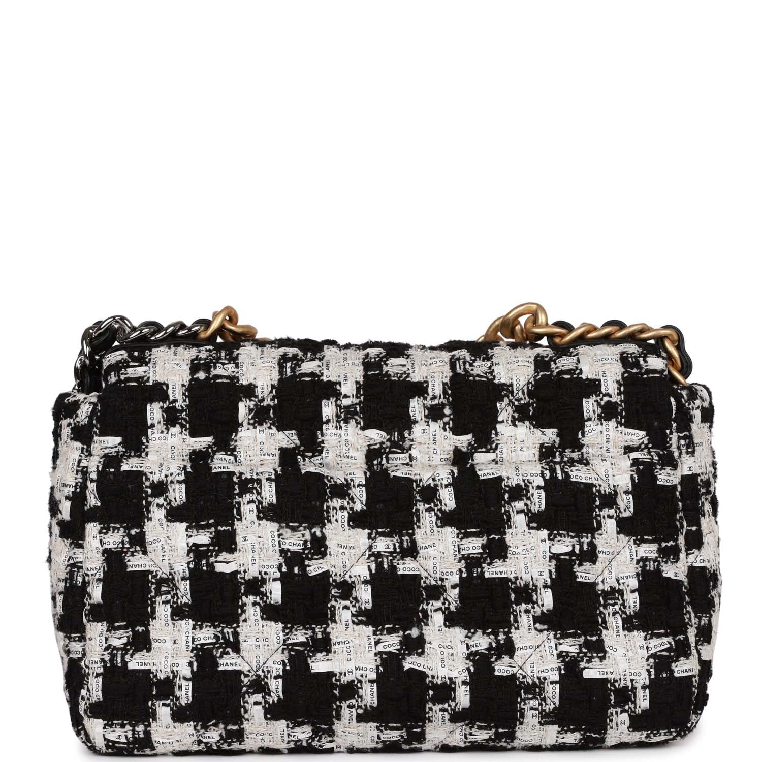 Pre-owned Chanel Medium 19 Flap Bag Black And White Tweed Mixed Hardwa ...