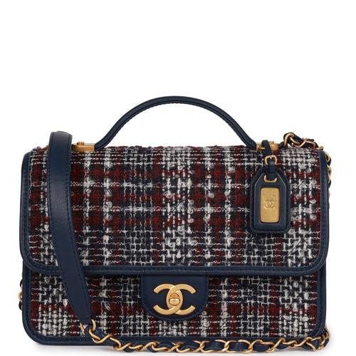 Pre-owned Chanel Medium School Memory Flap Bag with Top Handle Navy Multicolor Tweed Aged Gold Hardware