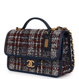 Pre-owned Chanel Medium School Memory Flap Bag with Top Handle Navy Multicolor Tweed Aged Gold Hardware