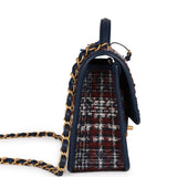 Pre-owned Chanel Medium School Memory Flap Bag with Top Handle Navy Multicolor Tweed Aged Gold Hardware
