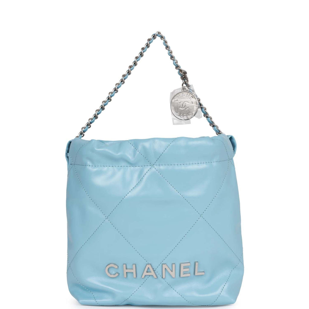 CHANEL 23S Mini 22 Light Blue Shiny Calf Skin Bag Gold Hardware