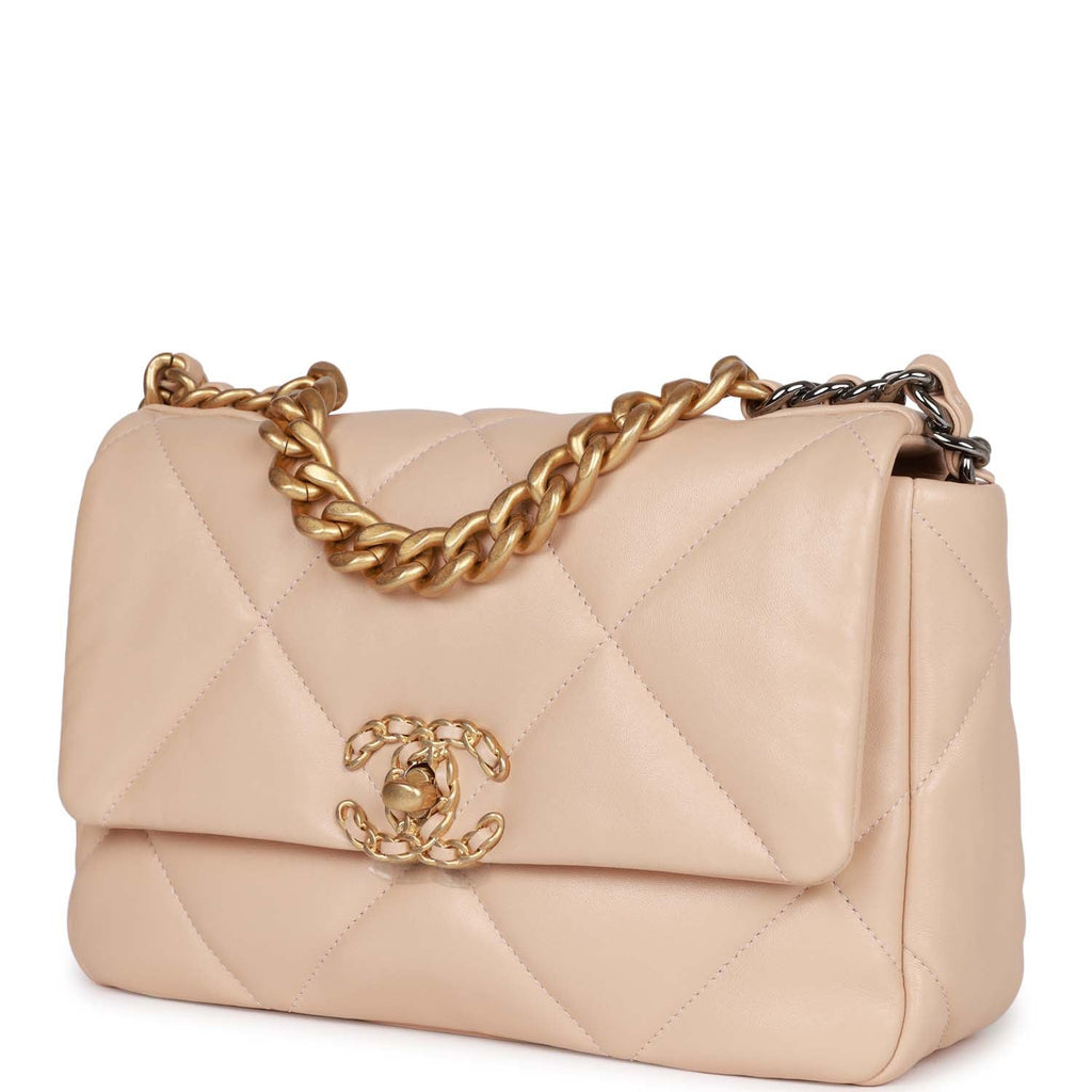 Excellent Used CHANEL 19 Small Flap Bag in Beige Goatskin Mix