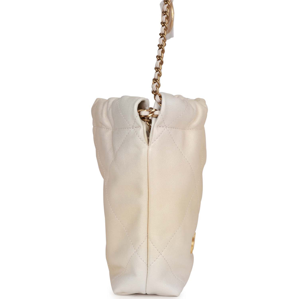 Chanel 22 Mini White Pearl Shiny Crumpled Calfskin Quilted Chain Bag W/Box