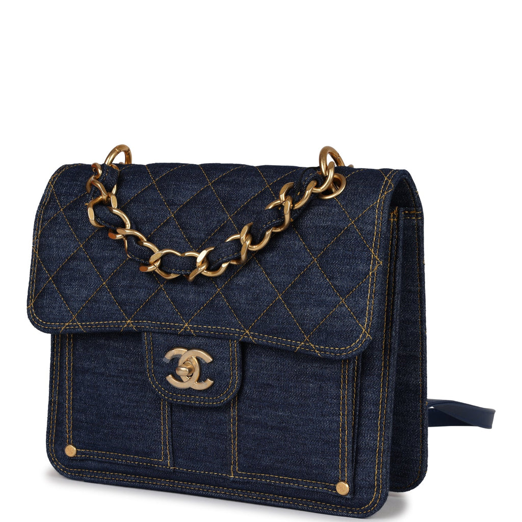 Chanel Square Flap Backpack Blue Denim Antique Gold Hardware