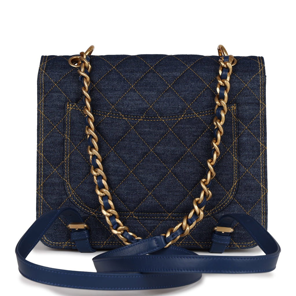 Chanel Square Flap Backpack Blue Denim Antique Gold Hardware