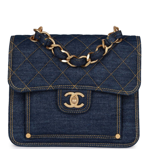 Chanel Square Flap Blue Denim Antique Gold Hardware