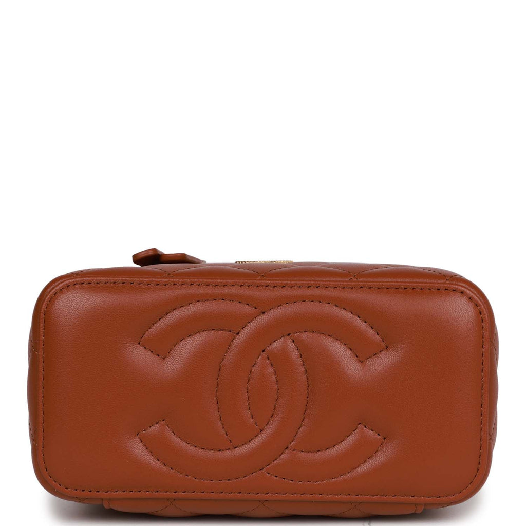 Chanel Small Top Handle Vanity Case Brown Lambskin Brushed Gold