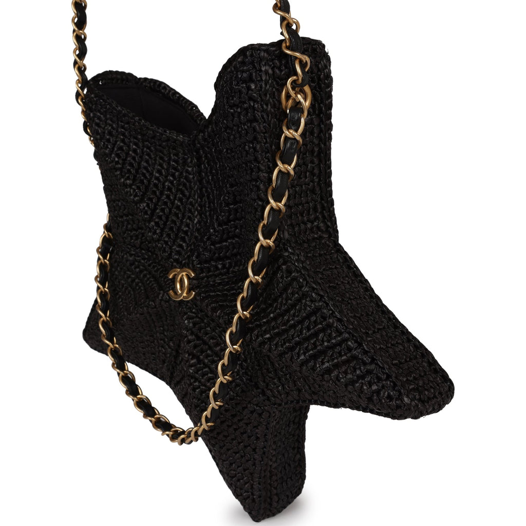 Chanel Star Coco Beach Bag Black Raffia Aged Gold Hardware