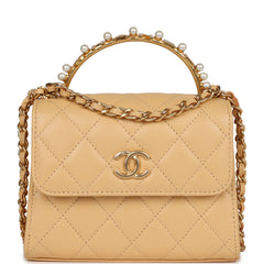 Chanel Clutch with Top Handle Beige Lambskin Antique Gold Hardware