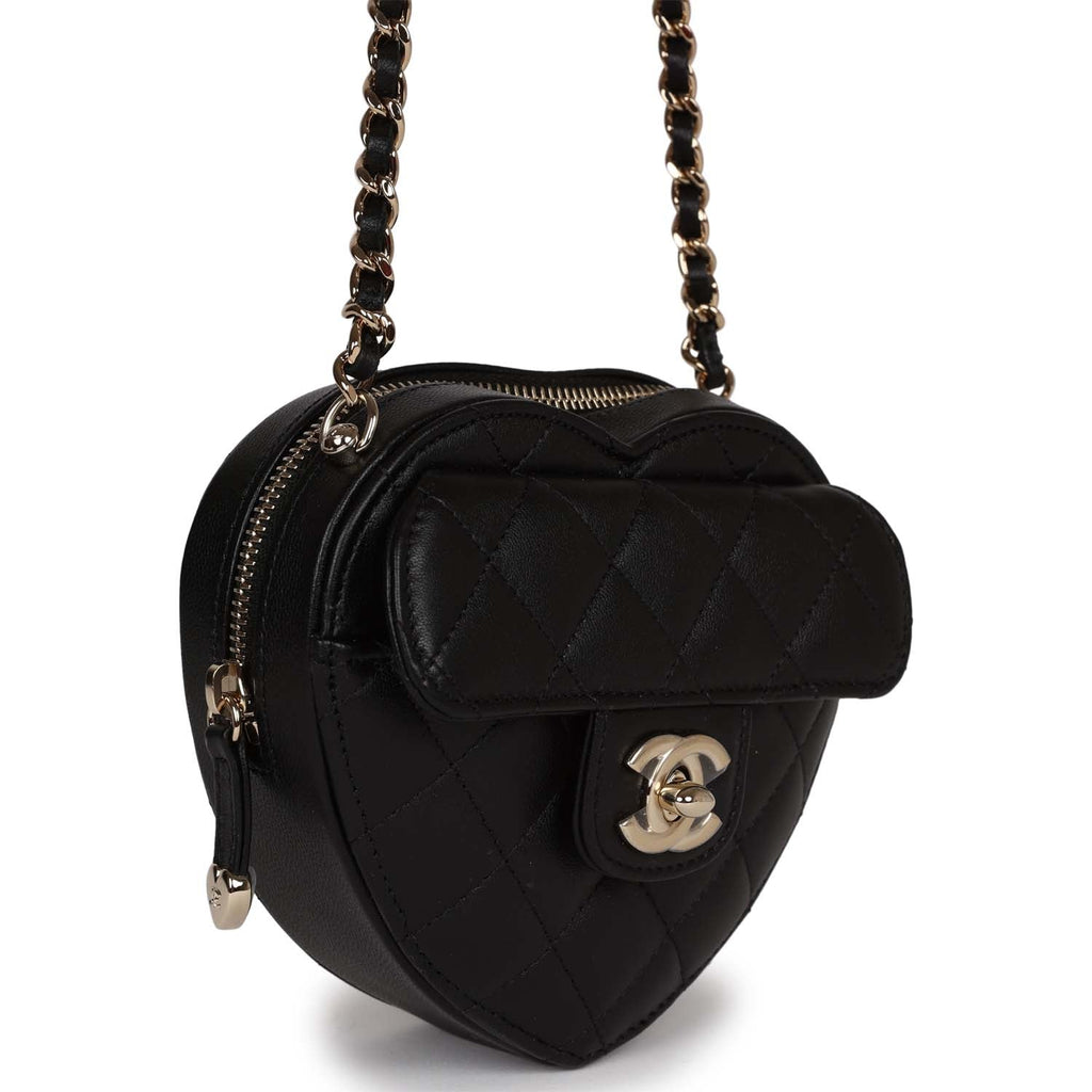 Black Quilted Lambskin Mini Flap Bag with CC Gold and Heart Shape Metal  Brushed Gold Hardware, 2022