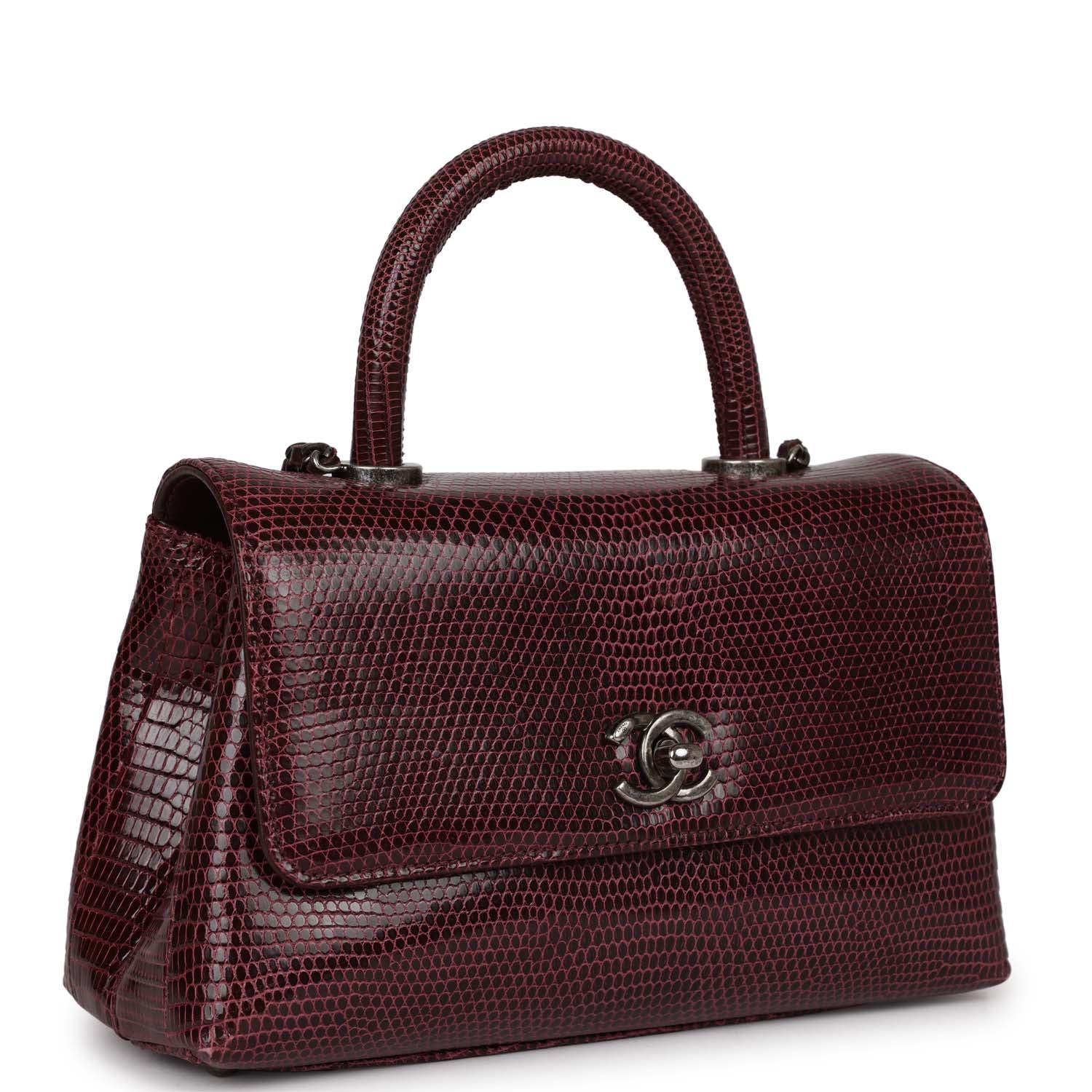 Pre-owned Chanel Mini Coco Handle Burgundy Lizard Ruthenium Hardware