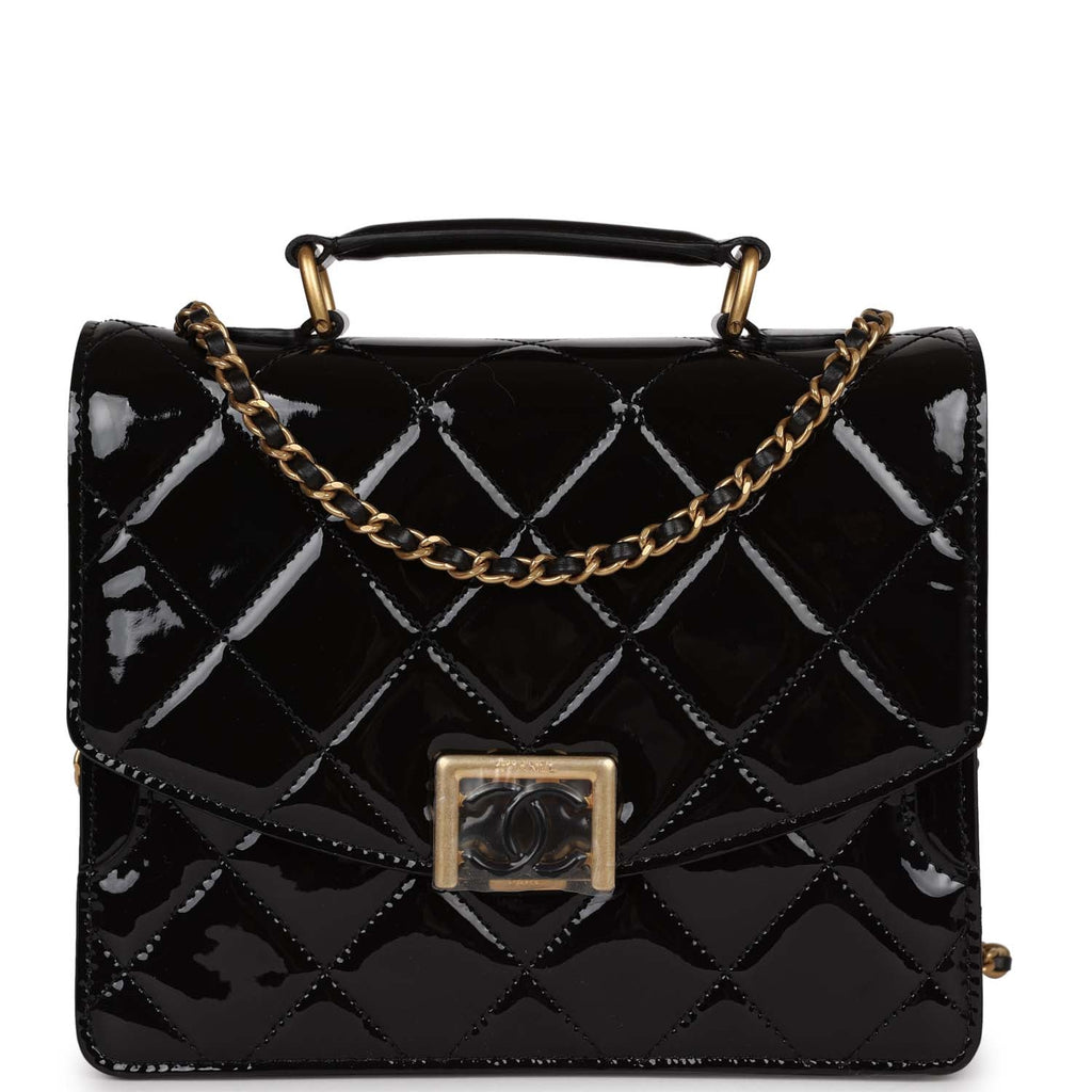 Chanel Accordion Pushlock Top Handle Flap Bag Black Patent Leather