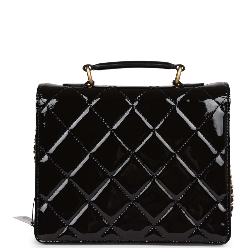 Chanel Accordion Pushlock Top Handle Flap Bag Black Patent Leather Age –  Madison Avenue Couture