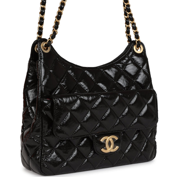 Chanel CC Hobo Bag Black Shiny Crumpled Calfskin Gold