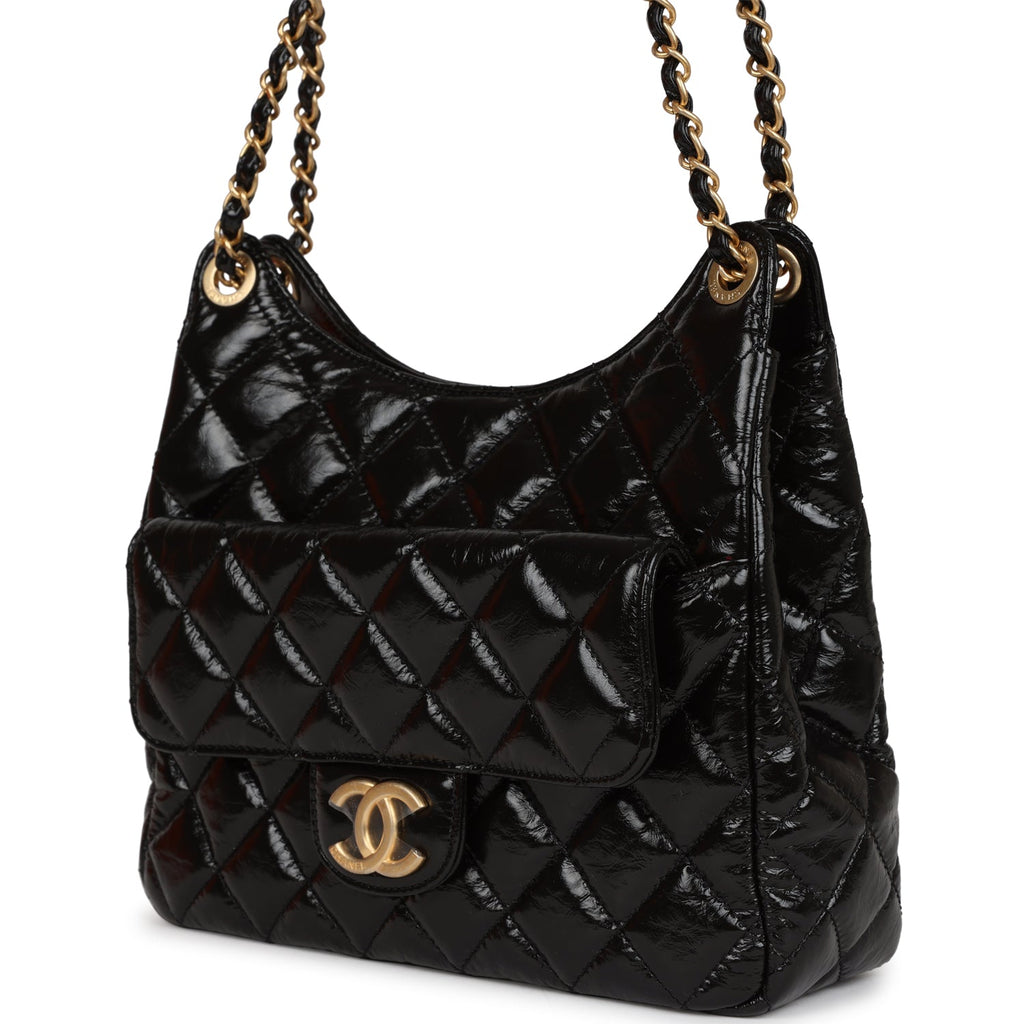 Chanel Small Hobo Bag CC Chain Black Calfskin Aged Gold Hardware 22K – Coco  Approved Studio