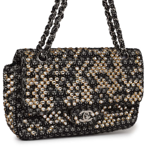 Pre-owned Chanel Medium Single Flap Black and White Tweed With Crystals Silver Hardware