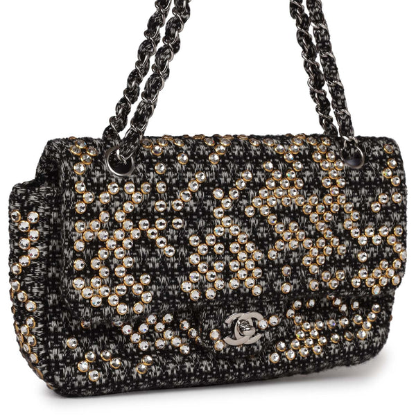 Chanel Classic Medium Double Flap, Black and White Ribbon Tweed with Gold  Hardware, Preowned in Box WA001