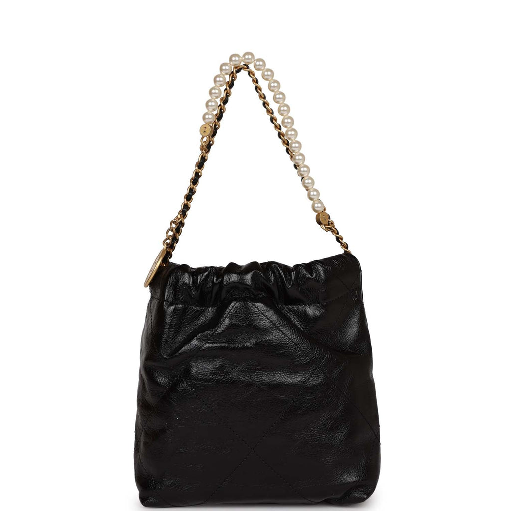 Black Quilted Calfskin Imitation Pearl Strap Mini 22 Hobo Bag Gold  Hardware, 2023
