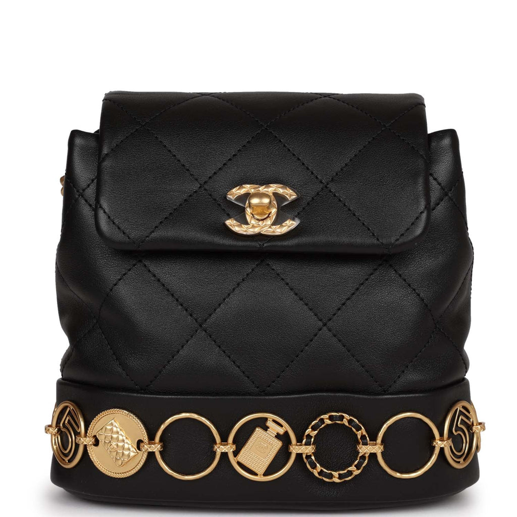 chanel classic mini backpack Chanel Small Charm Backpack Black Calfskin Aged Gold Hardware
