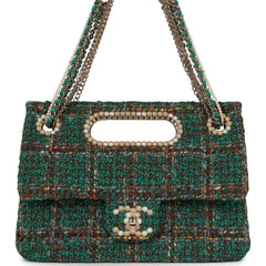 Chanel Large Double Flap Bag with Cut Out Handle and Multi Chain Green Tweed Gold Hardware