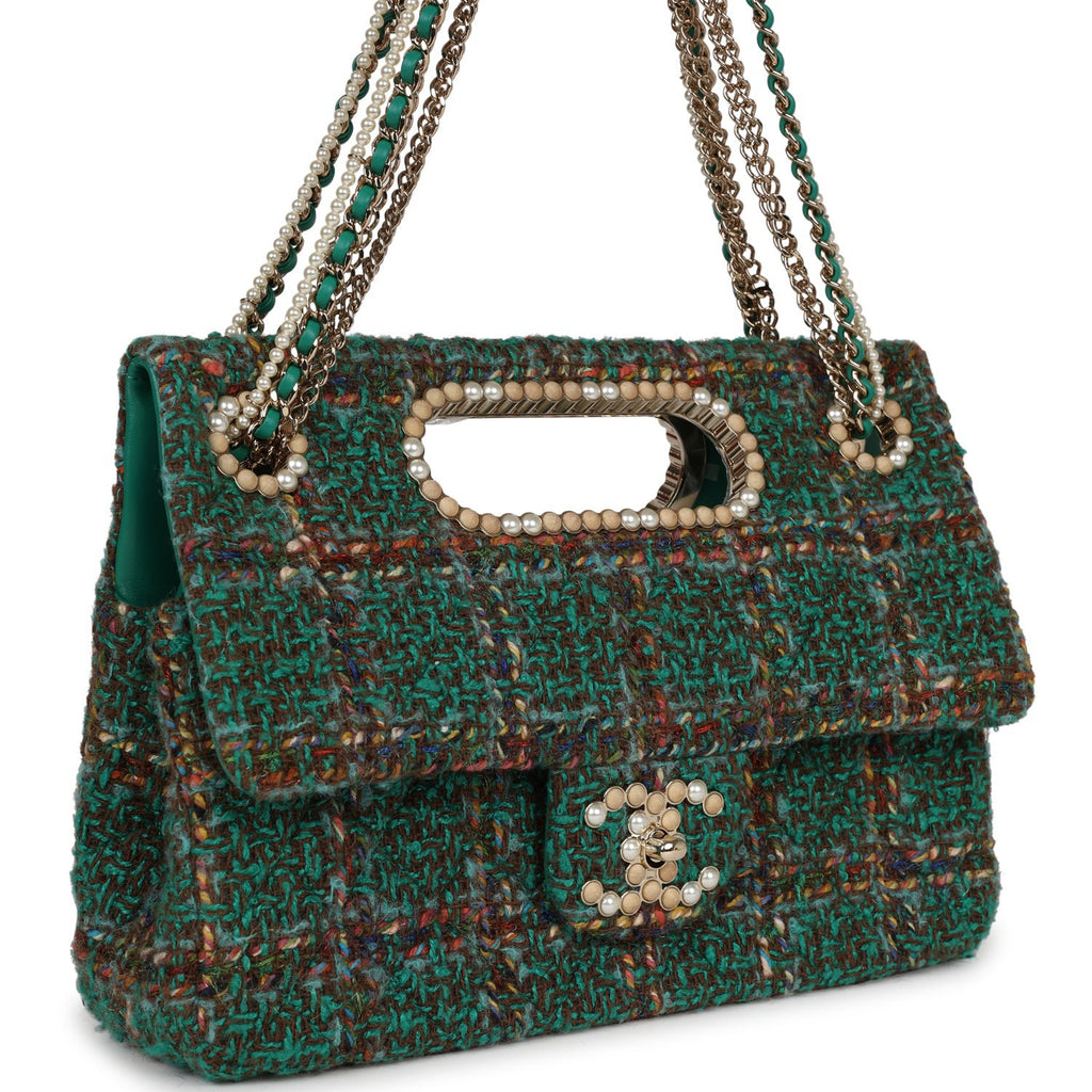 Large flap bag with top handle, Wool and silk tweed, glass and wooden  pearls & gold-tone metal, dark green, brown, blue & green — Fashion