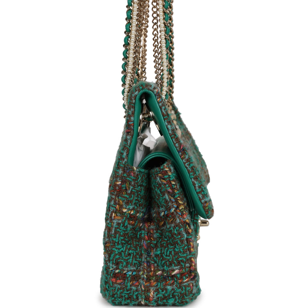 Large flap bag with top handle, Wool and silk tweed, glass and wooden  pearls & gold-tone metal, dark green, brown, blue & green — Fashion | CHANEL
