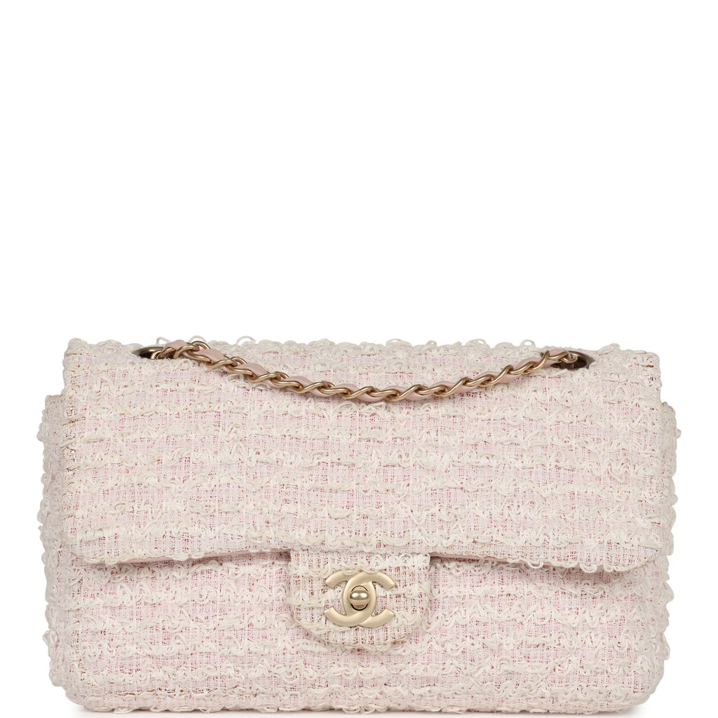 Pre-owned Chanel Medium Single Flap Bag Pink and White Tweed Brushed Gold  Hardware