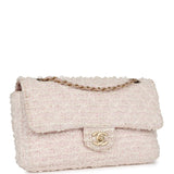 Pre-owned Chanel Medium Single Flap Bag Pink and White Tweed Brushed Gold Hardware